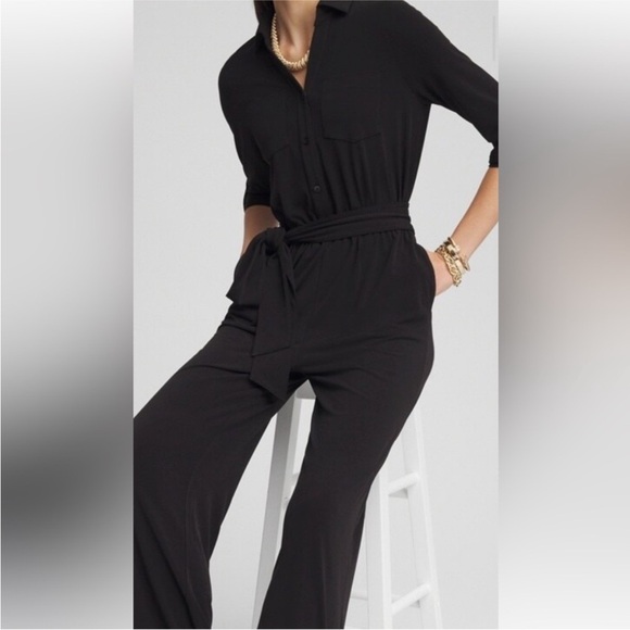 Chicos Travelers Jumpsuit Roll Up Sleeves Tie Belt Waist Black Size 18P - Picture 2 of 11